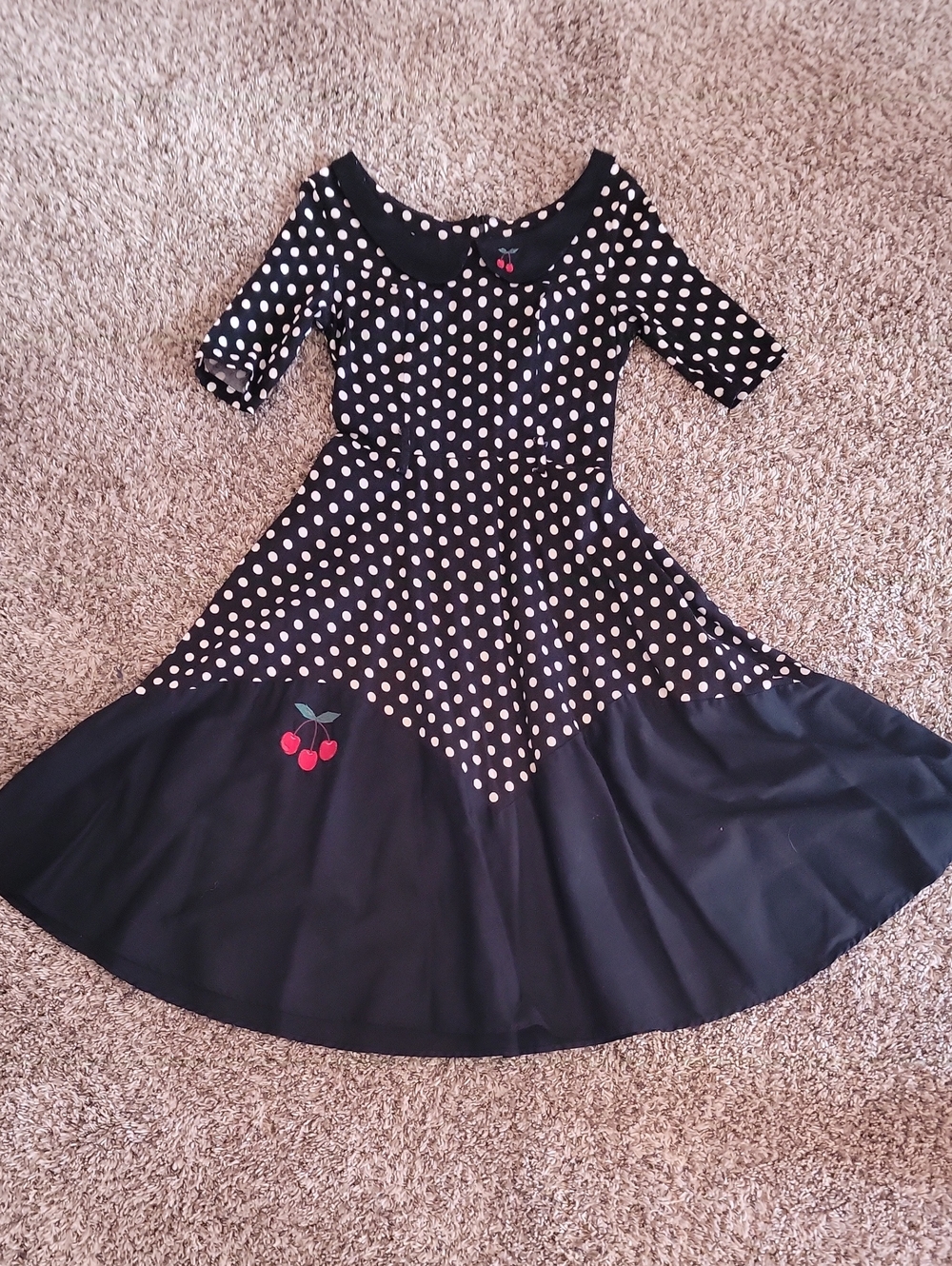 Collectif Black and White Polka Dot Dress Red Cherry Accent Vintage Retro
